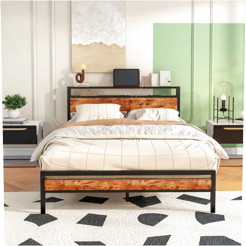 HOJINLINERO Queen Bed Frame with Storage Headboard/Charging Station,Metal Queen Size Bed Frame with Power Outlets/USB Ports No Box Spring Needed,Under Bed Storage,Easy Assembly,Rustic Brown