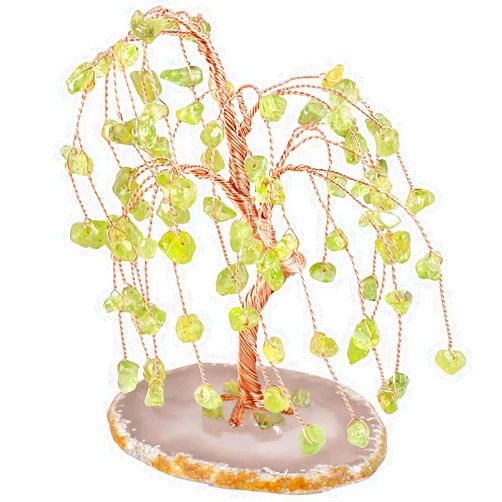 TUMBEELLUWA Healing Crystal Money Tree with Agate Slices Base Polishing Tumbled Gemstones Tree Bonsai Feng Shui Decor for Luck and Wealth, Peridot