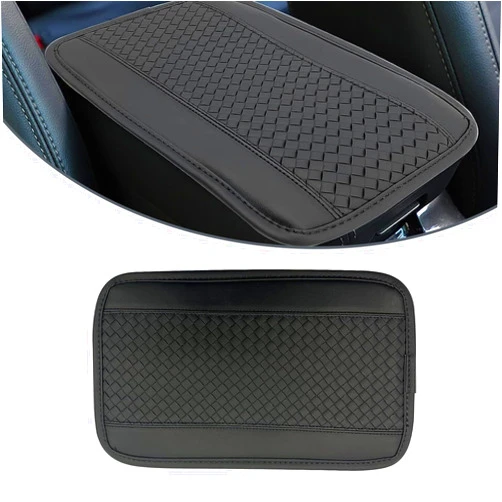 Slykew 1 PC Car Armrest Box Mat, 12.5In x 7.4In Soft PU Leather Double Line Embossing Vehicle Center Console Cover, Universal Waterproof Automotive Armrest Protector for Car Truck SUV (Black)
