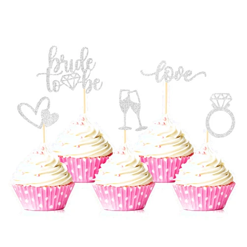 Hengmerry 35 Pcs Glitter Diamond Ring Bride to be Love Cupcake Topper Champagne Cake Picks Decorations for Bridal Shower Wedding Engagement Party Supplies, Silver