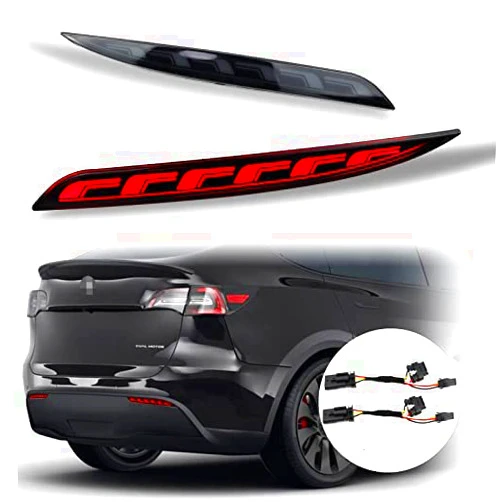 PGTOPONE Red LED Rear Bumper Reflectors Fog Brake Tail Light Lamps Turn Signal Light Plug and play Kit for Tesla Model Y 2021 2022 Accessories (Smoked, Model Y)