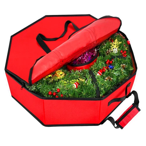 Homyfort Christmas Wreath Storage Container, 30 Inch Hard Shell Wreath Storage Box with Interior Pockets, Dual Zippers and Handles, 7inch Height (Red)