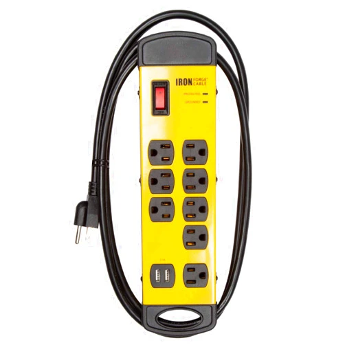 Iron Forge Cable 8 Outlet Heavy Duty Surge Protector Power Strip with 2 USB Ports, 14/3 SJT 6 ft Extension Cord, 15 AMP Black & Yellow Metal Power Strips with Surge Protection Built-in Circuit Breaker