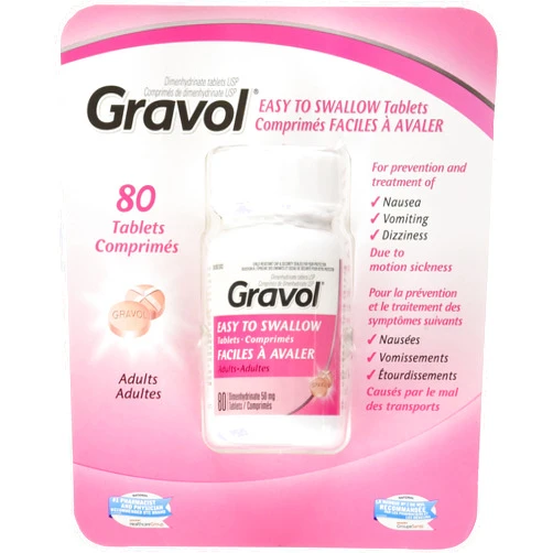 Gravol Easy To Swallow 80 Tablets Filmkote Antinauseant For Nausea, Vomiting, Dizziness and Motion Sickness 50 Milligram