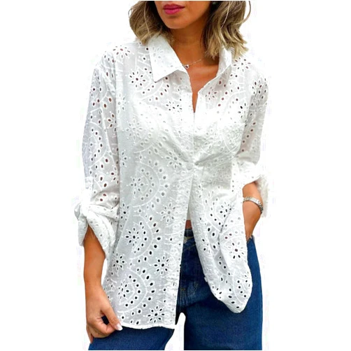 chouyatou Women's Crochet Eyelet Button Down Rolled Up Long Sleeve Boho Shirt Blouse Tops