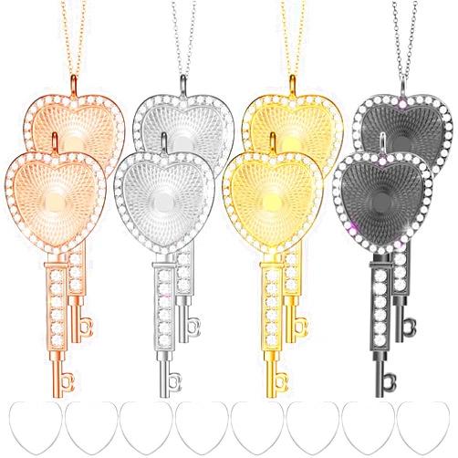 Hicarer 24 Pieces Rhinestone Bezel Pendant Trays Set, Includes 8 Pieces Heart Shape Key Rhinestone Bezel Cabochon Trays, 8 Pieces Clear Glass Cabochons, 8 Pieces Necklace Cords for Photo Pendant DIY Jewelry