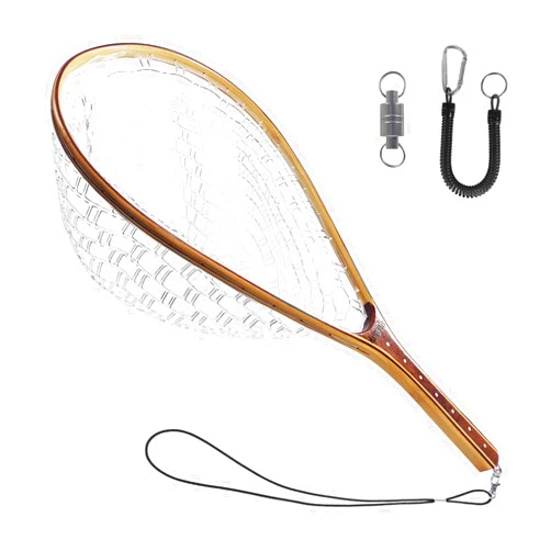 Aventik Fly Fishing Landing Trout Fishing Wooden Net with Magnet Release Soft Rubber Net Bag Catch & Release Great Protection for Fish