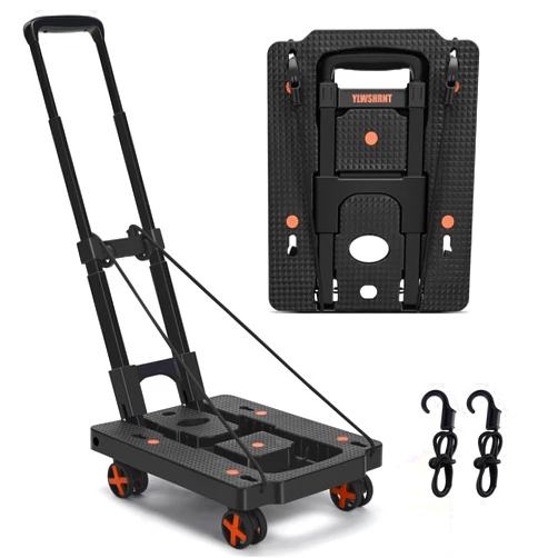 YLWSHRNT Folding Hand Truck, 100LBS Foldable Hand Truck Dolly, Adjustable Portable Luggage Cart with 4 Wheels, Utility Cart Collapsible Hand Truck & 2 Elastic Ropes for Luggage, Travel, Moving, Shopping
