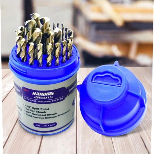 JEFE HEX 29 PCS M35 Cobalt Drill Bit Set, HSS Twist Jobber Drill Bits with 135 Degrees Split Point and Three-Flat Shank, 3/8” Reduced Shank, Gold Oxide Metal Drill Bits Set (1/16” - 1/2” x 1/64”)