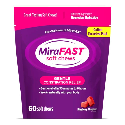 MiraLAX MiraFAST Soft Chews, from The Makers of MiraLAX, Gentle Constipation Relief in 30min-6hrs, Fast Acting Laxative, Stimulant Free Saline Laxative, Magnesium Hydroxide, Mixed Berry Flavor, 60ct