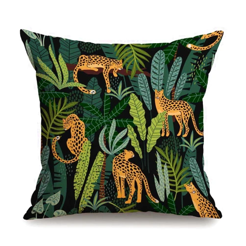 TSSOHU Throw Pillow Cover Leopards and Tropical Leaves Cotton Linen Pillow Case Cushion Cover Sofa Outdoor Decorative Square 18X18 Inches