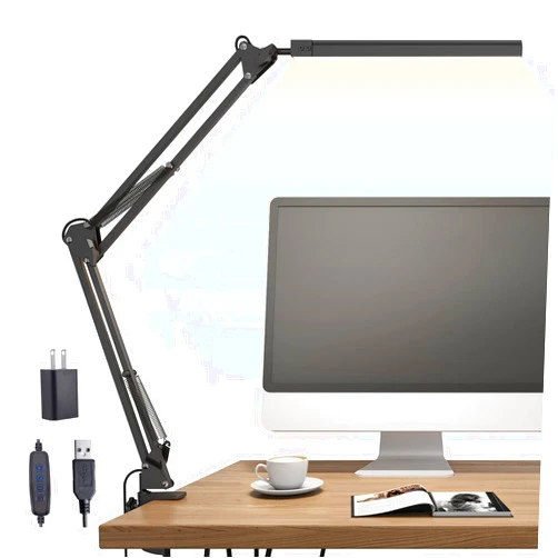 TROPICALTREE LED Desk Lamp, Swing Arm Desk Light with Clamp, 3 Lighting 10 Brightness Eye-caring Modes, reading desk lamps for home office 360°Spin with USB Adapter & Memory Function black-14W