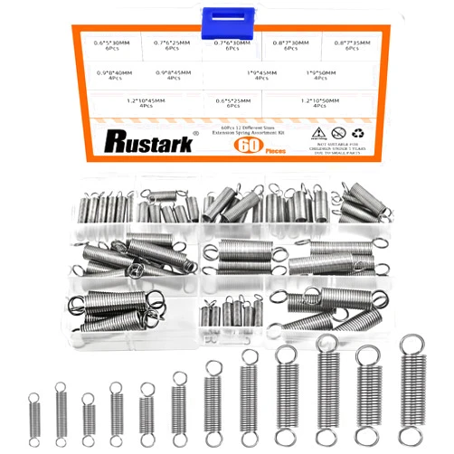 Rustark 60Pcs 12 Sizes Stainless Steel Extension Spring Assortment Kit Extension and Compression Springs Mechanical Springs with Hook End Small Spring Tension Spring for Shop Home Repairs DIY