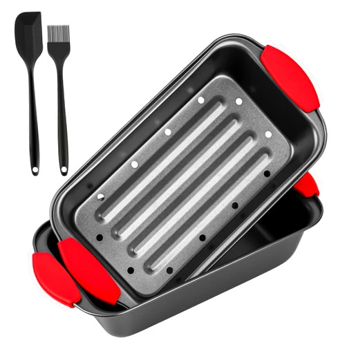 YIDAZLE Meatloaf Pan with Drain Tray, 2 Piece Set Meat Loaf Pan with Silicone Grip and Spatula & Basting Brush, Carbon Steel with Nonstick Coating, Oven Safe to 450°F, Versatile for Bread, Roasts, Cakes