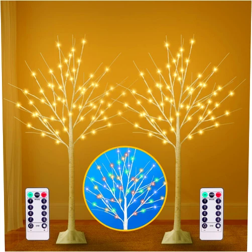 Remon 2 Pack Lighted Birch Tree, 4FT Birch Tree with 60 LED Lights, 8 Flash Modes and Timer, Prelit Twig Christmas Tree for Indoor Outdoor Home Party Garden Wedding Holiday Decor (Warm White & Multicolor)