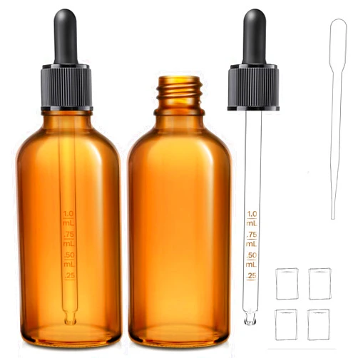 Bumobum 2 Pack, 100ml Dark Amber Dropper Bottle with Measured Dropper - 3.4 oz Brown Glass Tincture Bottles with 1 Funnel & 1 Pipette & 4 Labels, Leakproof Eye Dropper for Oils, Liquids