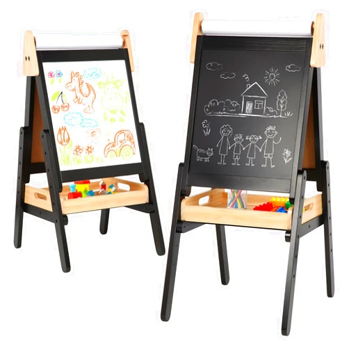IDEA FAMILY 3 in 1 Easel for Kids with Wood Tray Double Sided Kids Easel with Paper Roll,Magnetic Chalkboard & White Board Height Adjustable Painting Standing Easel for Toddlers Childrens 2+ (Black)