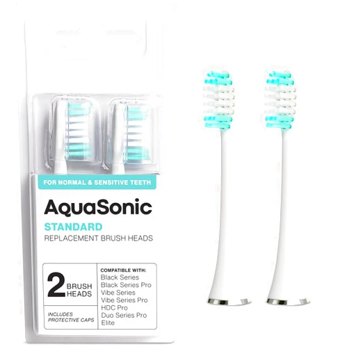 AquaSonic Standard Replacement Brush Heads | for Normal & Sensitive Teeth | Compatible with Many AquaSonic Toothbrush Handles (2 Pack White)