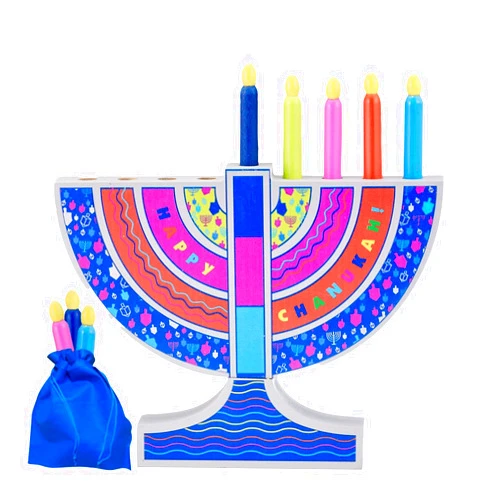 Rite Lite My Play Wooden Menorah with Removable Wooden Candles - Colorful Chanukah Menorah for Kids Hanukkah Gifts Decorations Centerpiece, Jewish Holiday Party Favors