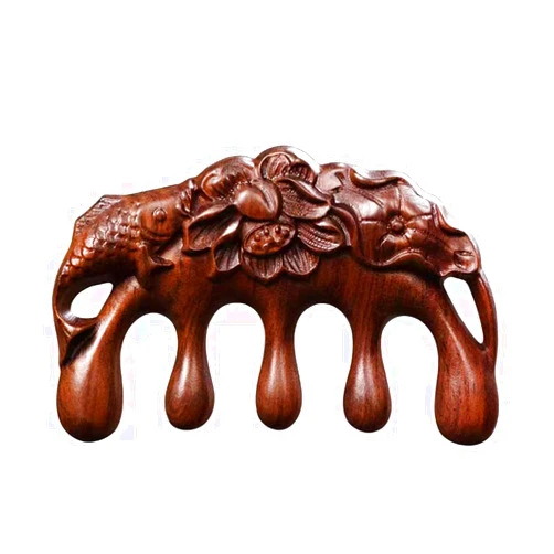 Qishing 100% Natural Handmade Pure wood Five-tooth meridians comb portable gold wire sandalwood comb wide tooth head scalp meridians scraping massage comb Wooden Comb for Men and Women (Lotus Fish)