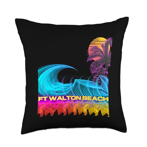Ft Walton Beach Retro Vintage Themed Designs Ft Walton Beach-Retro 80s Style Vintage Vaporwave Surf Throw Pillow, 18x18, Multicolor