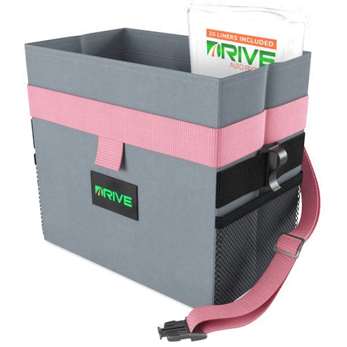 DRIVE AUTO PRODUCTS Drive Auto Car Trash Can - Leakproof, Hanging Garbage Bin with 20 Trash Bags and Pink Adjustable Strap - Truck & Car Accessories for Men and Women - Grey with No Lid