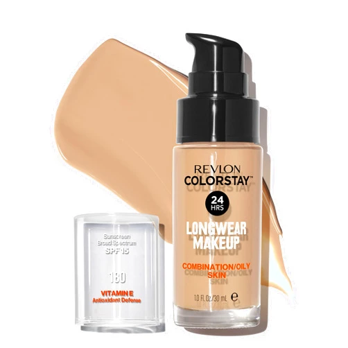 Revlon Liquid Foundation, ColorStay Face Makeup for Combination & Oily Skin, SPF 15, Longwear Medium-Full Coverage with Matte Finish, Sand Beige (180), 1.0 Oz