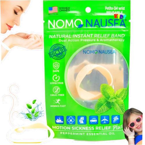 NOMO Child Motion Sickness Bracelet Nausea Sea Bands Kids | Travel Sickness Wrist Bands with Peppermint & Acupressure Car Sick Bands | 30-Second Nausea Relief | Petite to Small | Tan | Pack of 2