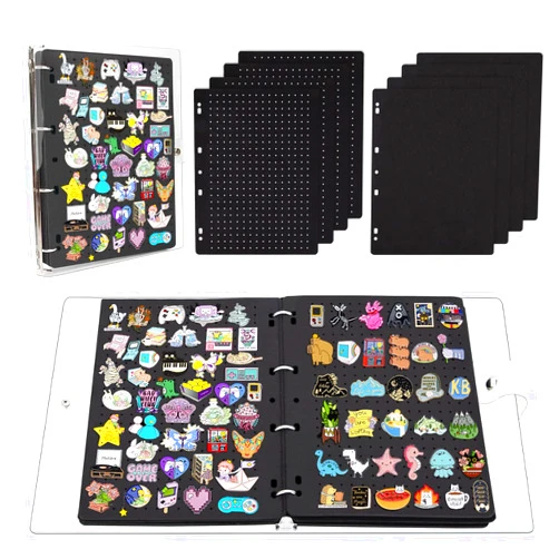 Qianshan A4 Enamel Pin Display Book with 8 Flip-Pages (4 Page Holes Felt,4 Page Thin Felt), Clear PVC Cover, Hold up to 320 Pins Large Capacity Creative Pin Collection, Portable Pin Trading Book