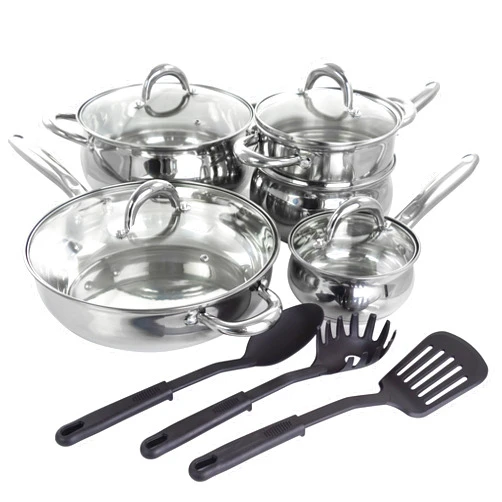 Gibson Home Ancona 12 Piece Stainless Steel Belly Shaped Cookware Set with Kitchen Tools,Silver