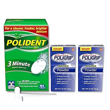 Polident Bundle: 2 Boxes Super Poligrip Denture Adhesive Powder Extra Strength 1.6oz, Polident 3-Minute Cleanser 84 Tablets, 1 Chevaux Brand Denture Brush (4 Items)