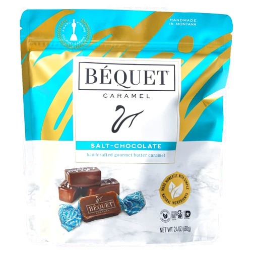 Béquet Caramel - Salt Chocolate Caramel - Caramel Candy Individually Wrapped - Gourmet Caramel Candy - Made in Montana - Kosher (Star-D) and Gluten Free - 24oz Resealable Pouch