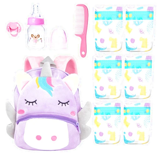 Pedolltree 10 Pcs Reborn Baby Doll Diaper Bag Care and Feeding Set for 17-24 inches Reborn Dolls Newborn Baby Accessories with Unicorn Backpack Diapers Pacifier Bottle Comb