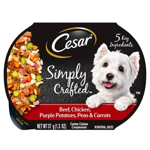 CESAR SIMPLY CRAFTED Adult Wet Dog Food Meal Topper, Beef, Chicken, Purple Potatoes, Peas & Carrots, 1.3oz., Pack of 10
