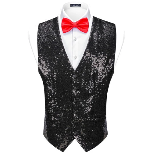 MAGE MALE Mens Sequins Suit Vest Formal V-neck Shiny Waistcoat Prom Party Tuxedo Vests
