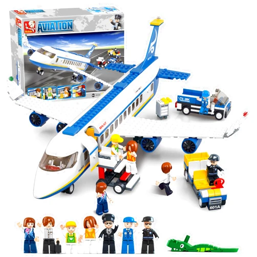 Sluban City Passenger Airplane Building Set, 4 in 1 STEM Toy with a Large Airplane, Passenger Bus, Luggage Truck, Container Loader, and 7 Minifigures, Compatible with Lego Plane, Airport Gift for Boy 6+