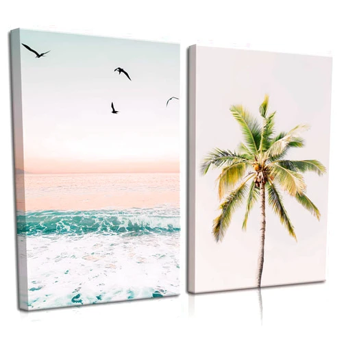 RCJARTI 2Pcs Framed Pastel Beach Wall Art Tropical Palm Tree Canvas Posters Prints Coastal Ocean Wall Decor Pictures Summer Beach Theme Bedroom Living Room Decoration, 12x16 Inch