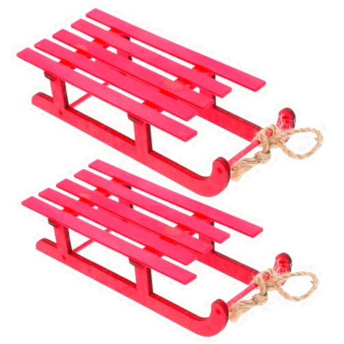 VOSAREA Christmas Sled Ornaments 2pcs Red Wooden Sled Xmas Tree Hanging Decorations Vintage Holiday Sleigh Xmas Hanging Pendant for Mantel Door Bookshelf
