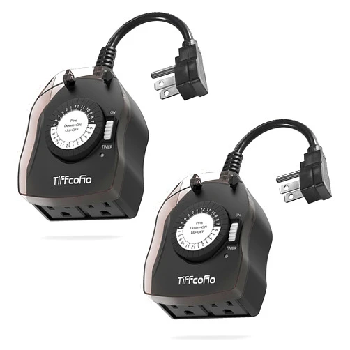 Tiffcofio Outdoor Timer Outlet, 24 Hour Mechanical Outdoor Timer for Lights, Outdoor Light Timer Waterproof, 2 Grounded Outlets for Home and Garden, 15A 1/2HP, Heavy Duty, CSA Listed (2 Pack)