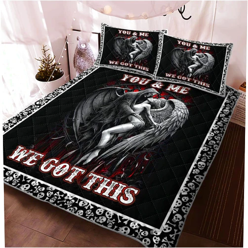 BEDMUST Skull Microfiber Bedspread Set You & Me We Got This Print Gothic Quilt Coverlet Set Queen Size Soft Beauty Skull Bedding Set with Pillow Shams and Comforter