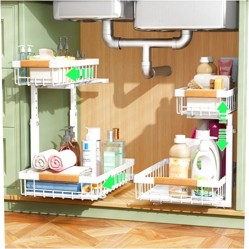 Kitstorack Under Sink Organizer, 2 Packs 2 Tier Under Sink Organizers and Storage, Slide out Pull out Cabinet Organizer Shelf, Metal Sliding Drawer for Kitchen Bathroom Pantry Closet Rack(White)