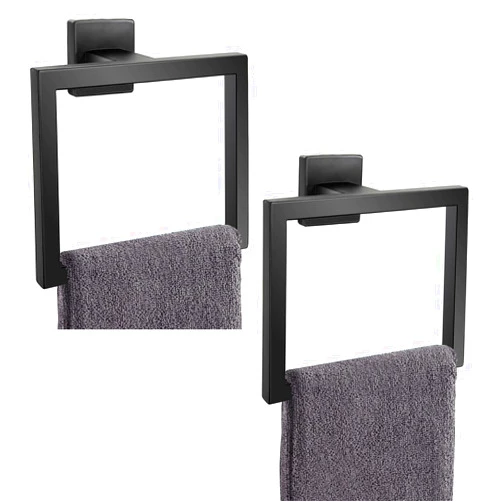Kiakuoow 2-Piece Matte Black Square Towel Ring,Modern Hand Towel Holder for Bathroom,SUS304 Stainless Steel Towel Hangers Wall-Mounted