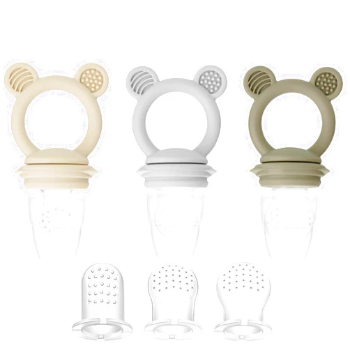 PandaEar 3 Pack Baby Fruit & Food Feeder Pacifier, Silicone Feeder Pacifier with 3 Sizes Pouches for Babies Toddlers Infants Kids, BPA-Free Food Grade Soft Safe -Tan/Grey/Brown