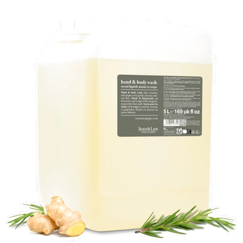 Jean & Len Hand & Body Wash Rosemary and Ginger in canister, cleans and cares for the skin, spicy fresh scent, liquid soap in refill canister, without silicones & parabens, 169.07 Fl. OZ.