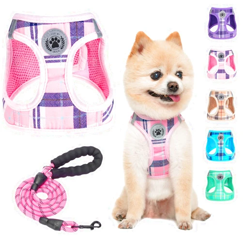 BEAUTYZOO Small Dog Harness and Leash Set,Step in No Chock No Pull Soft Mesh Dog Harnesses Reflective for Extra-Small/Small Medium Puppy Dogs and Cats, Plaid Dog Vest Harness for XS S Pets, Pink S