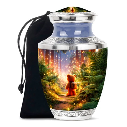 JAGASY Teddy Bear Large Urn for Ashes Adult Male - Blue Urns for Human Ashes Women - Fireflies Forest Trees Decorative Urns for Grandpa - Memorial Cremation Urn for Grandma - (10 Inch)