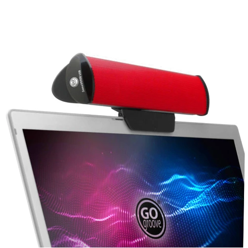 GOgroove SonaVERSE USB Speakers for Laptop Computer - USB Powered Mini Sound Bar with Clip-On Portable External Speaker Design for Monitor, One Cable for Digital Audio Input and Power (Red)