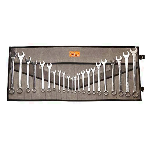 BULL TOOLS 26 Pocket Wrench Pouch Metric & Standard Tool Set Organizer & Roll Up Pouch Tool Bag Handmade 100% Cotton Waxed Canvas - Sand Washed Coal Black/Grey