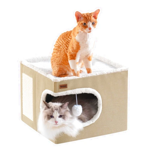 Garnpet Cat Bed for Indoor Cats Cube House, Covered Cat Cave Beds & Furniture with Scratch Pad and Hideaway Tent, Cute Modern Cat Condo for Multi Small Pet Large Kitten Kitty, Khaki