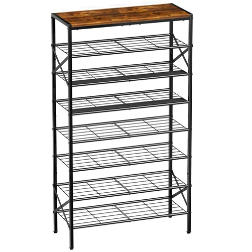 UNITSTAGE 8-Tier Tall Shoe Rack Organizer Shoe Storage for Entryway 24-32 Pairs Metal Shoe Rack for Closet Heavy-Duty Shoe Rack with Wooden Top Shelf for Garage Rustic Brown